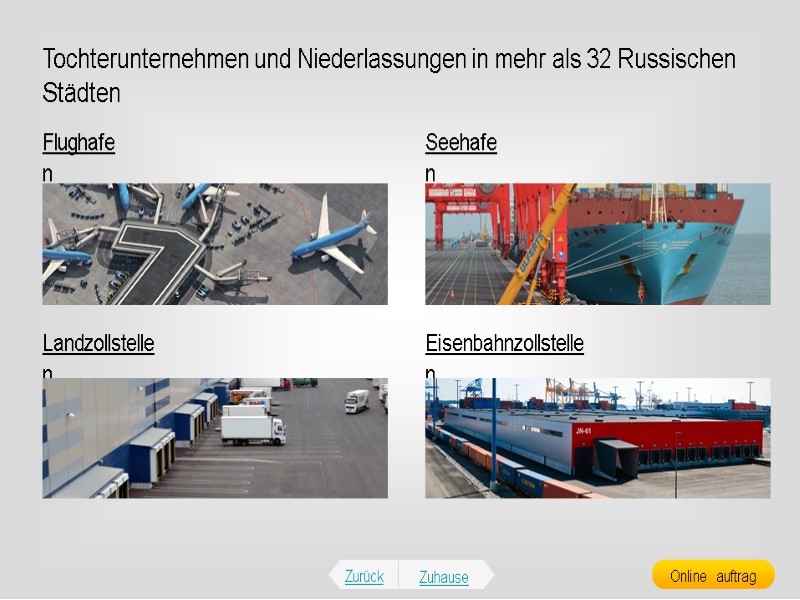 Flughafen Tochterunternehmen und Niederlassungen in mehr als 32 Russischen Städten Seehafen Landzollstellen Eisenbahnzollstellen Zurück